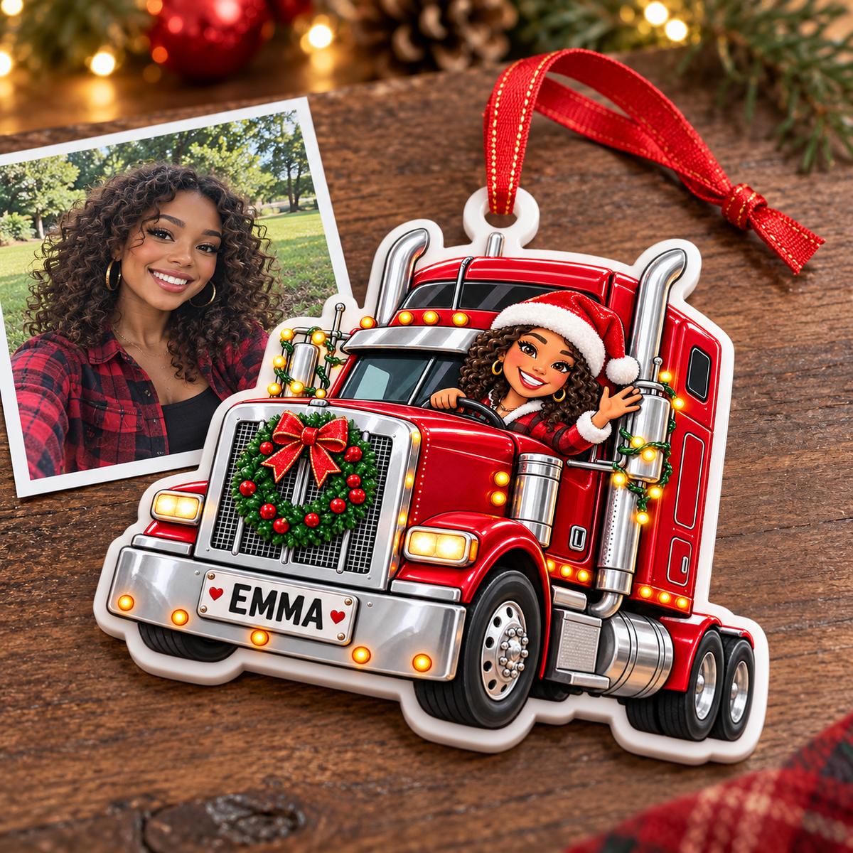 Red Semi Truck Female Driver Holiday Acrylic Tree Hanging - 3D Relief Ornament
