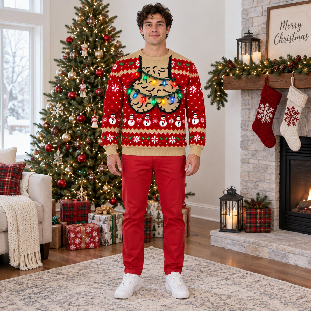 Funny Christmas Sweatshirt with Hairy Jingle Balls String Lights
