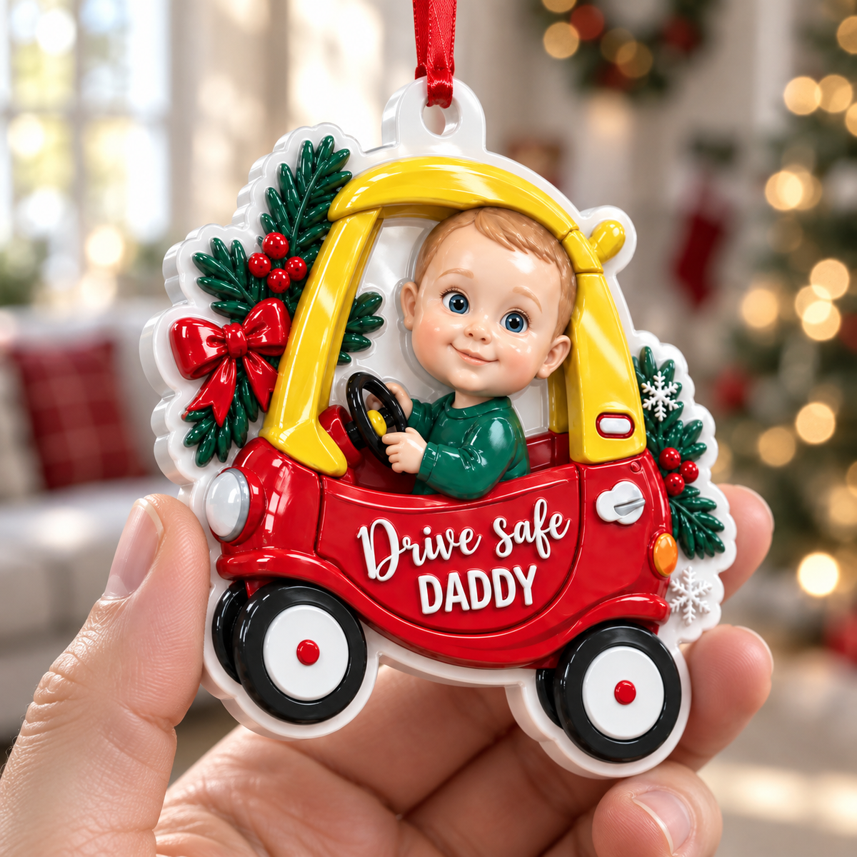 Baby in Red Toy Car Drive Safe Daddy Christmas Tree Keepsake - 3D Relief Ornament