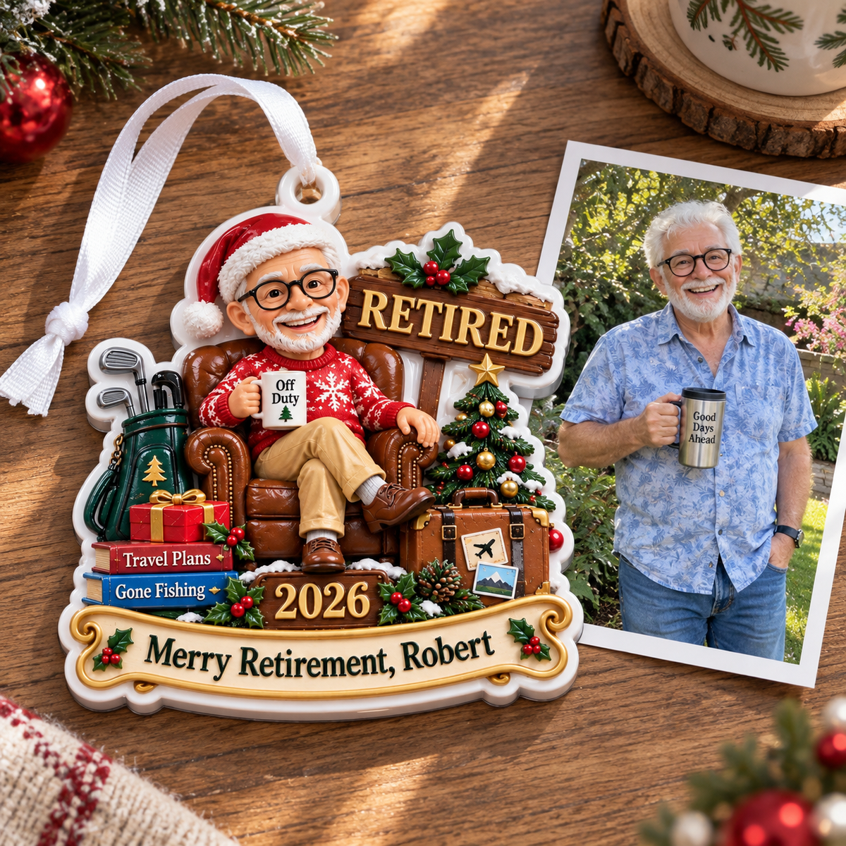 Retirement Christmas Holiday Tree Keepsake with Armchair and Golf Bag - 3D Relief Ornament