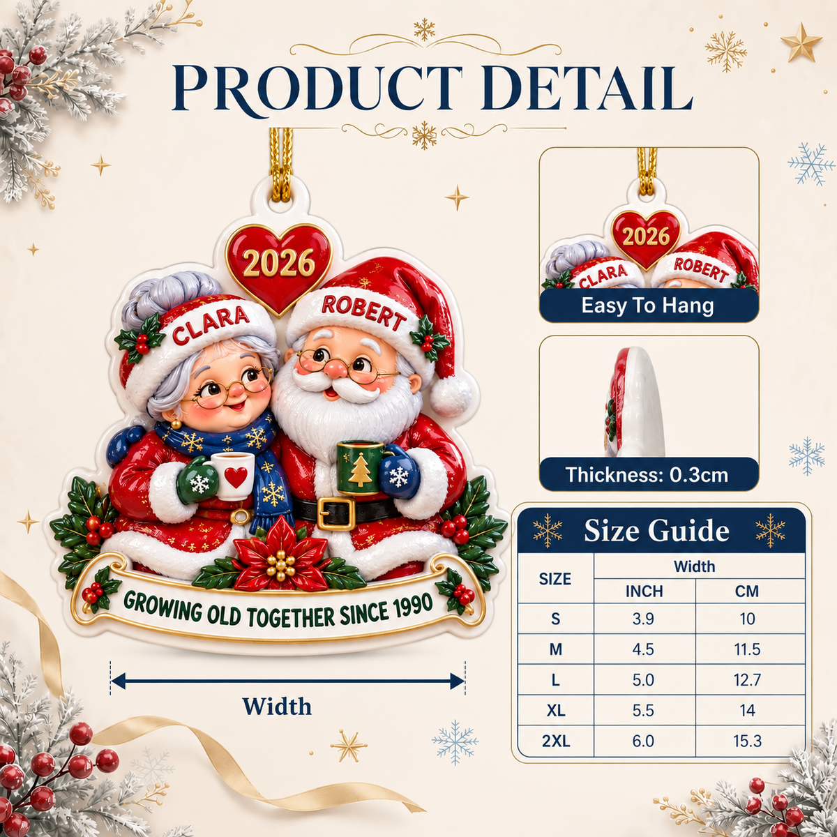 Santa and Mrs Claus Couple Christmas Tree Decoration, Holiday Keepsake - 3D Relief Ornament