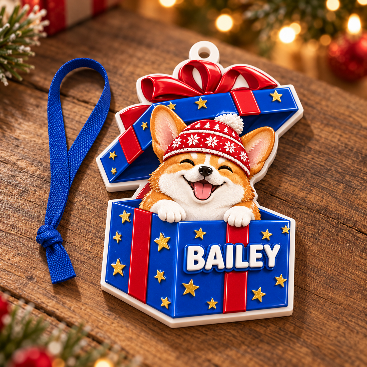 Corgi Dog in Blue Christmas Gift Box Holiday Tree Hanging Decoration - 3D Relief Ornament