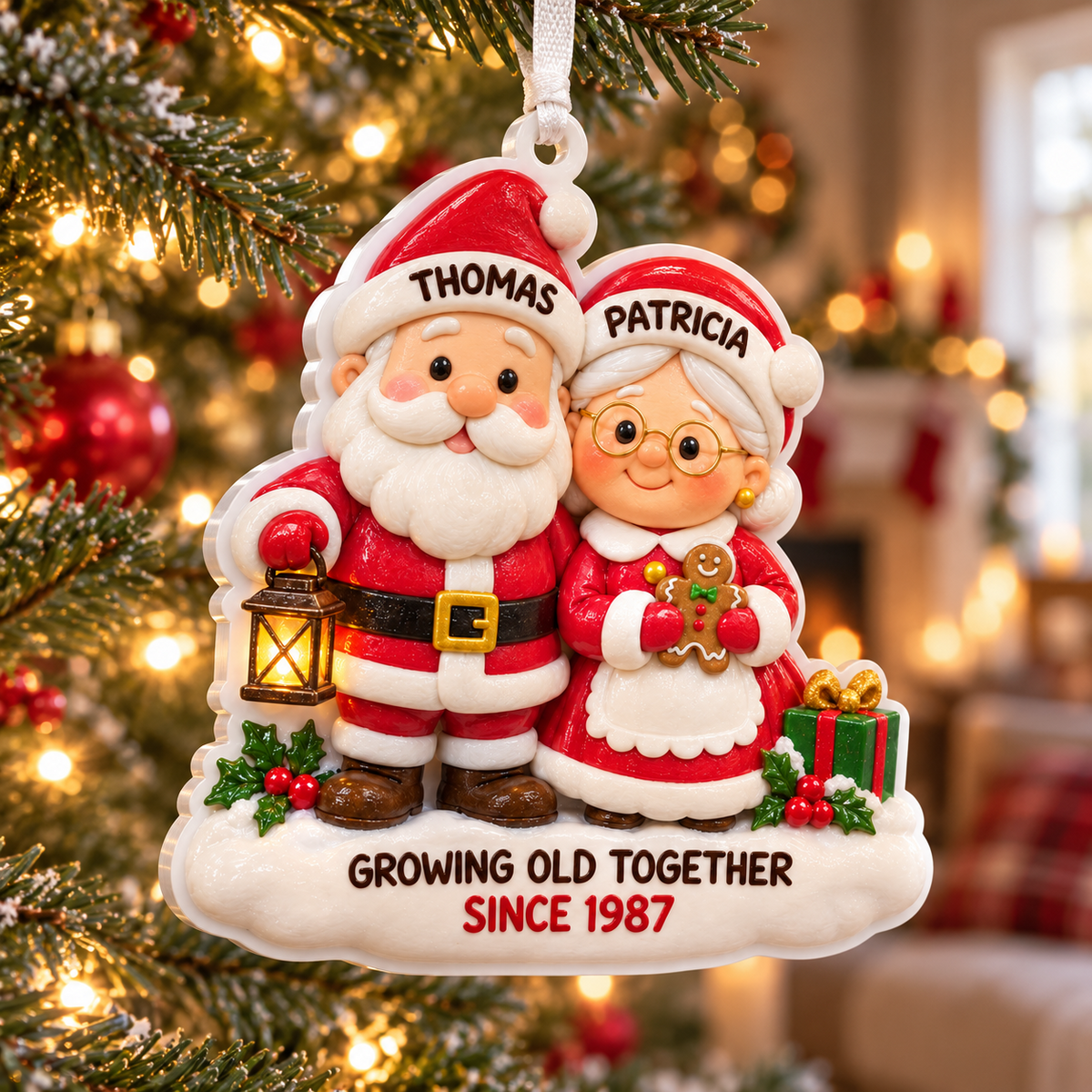 Santa and Mrs Claus Couple Christmas Tree Hanging Keepsake Plaque - 3D Relief Ornament