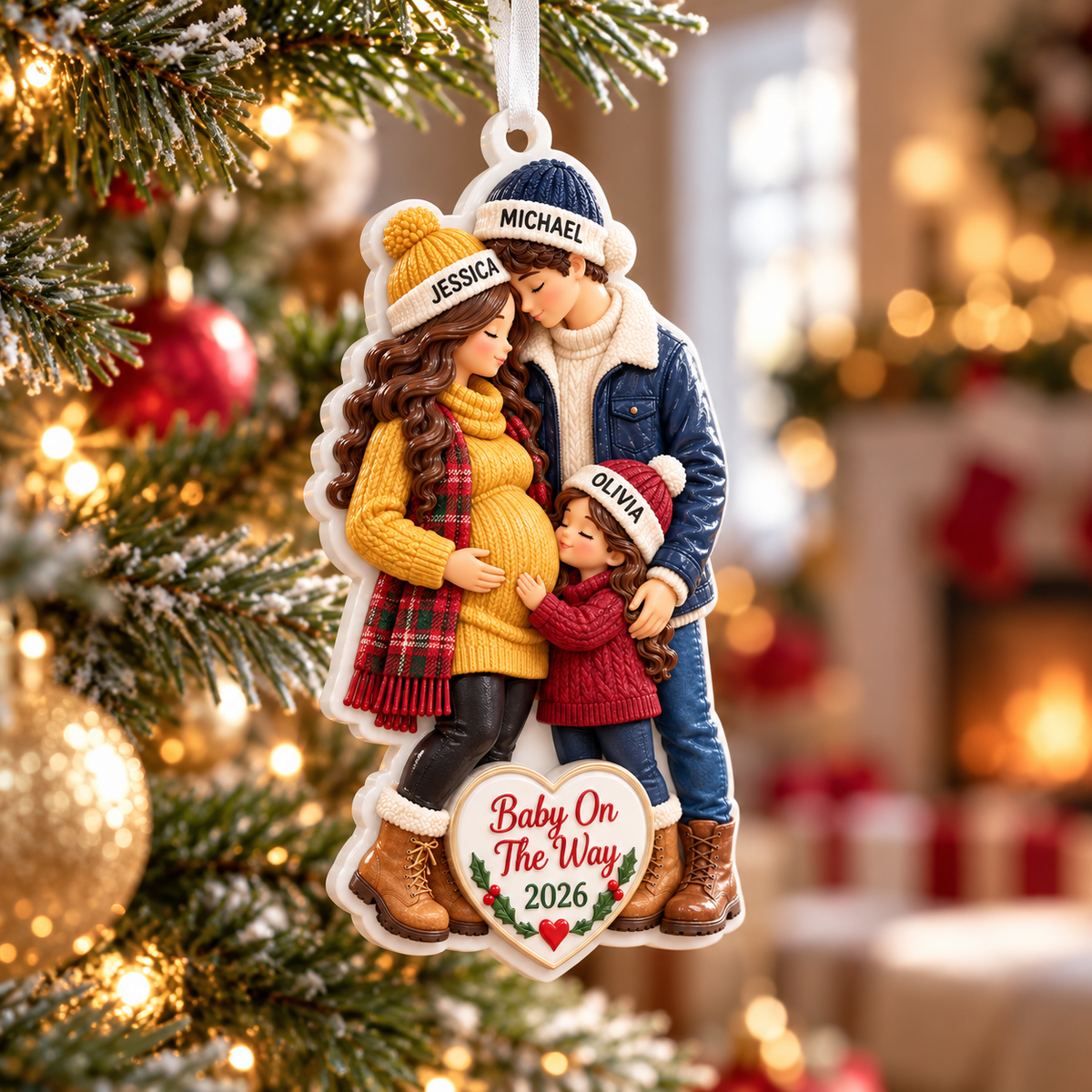Baby On The Way Expecting Family of Three Holiday Tree Keepsake - 3D Relief Ornament
