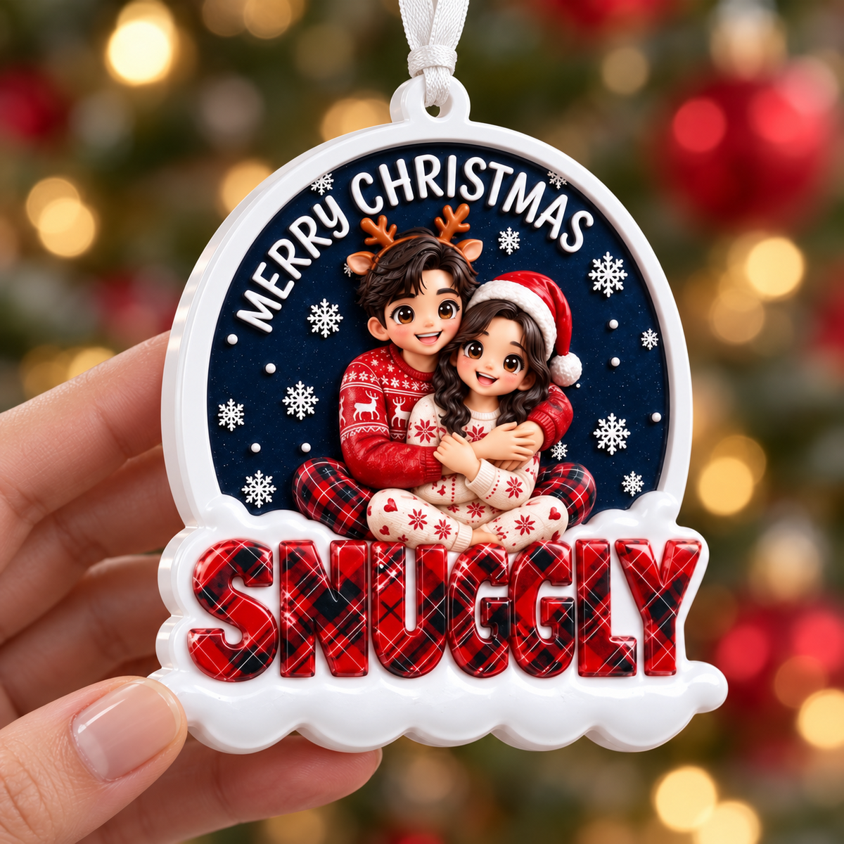 Merry Christmas Couple Hugging in Winter Pajamas Hanging Keepsake - 3D Relief Ornament