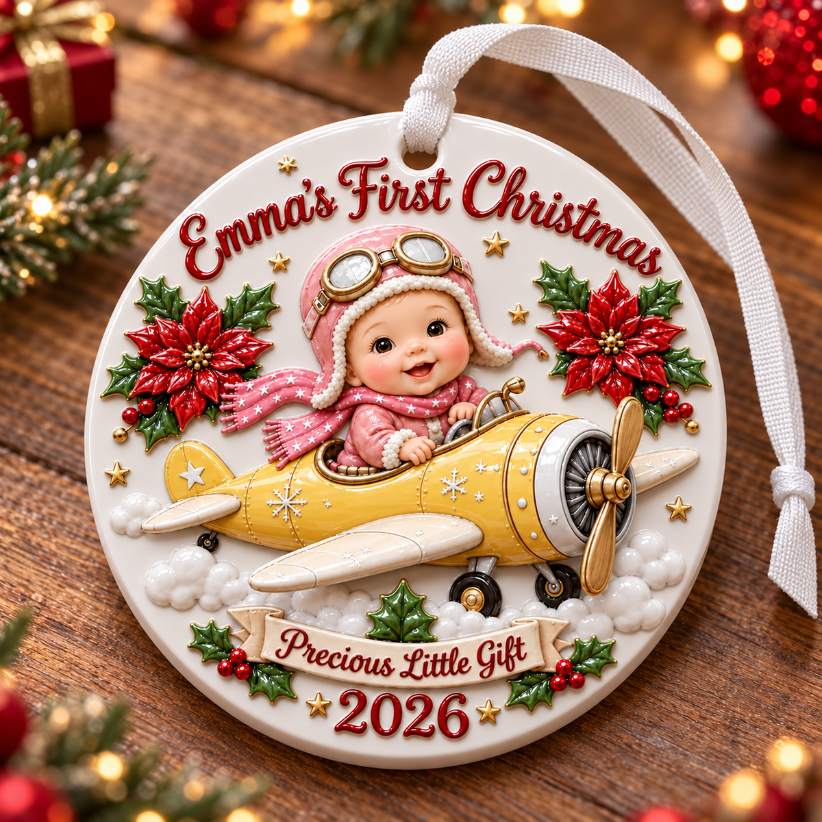 Baby Pilot in Yellow Airplane Holiday Keepsake Disc - 3D Relief Ornament