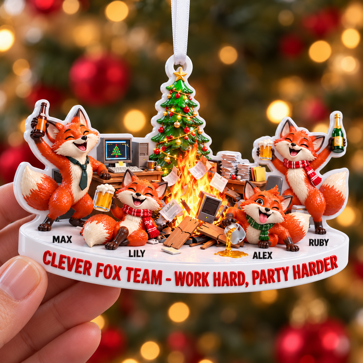 Funny Office Christmas Party Foxes Holiday Tree Decoration - 3D Relief Ornament