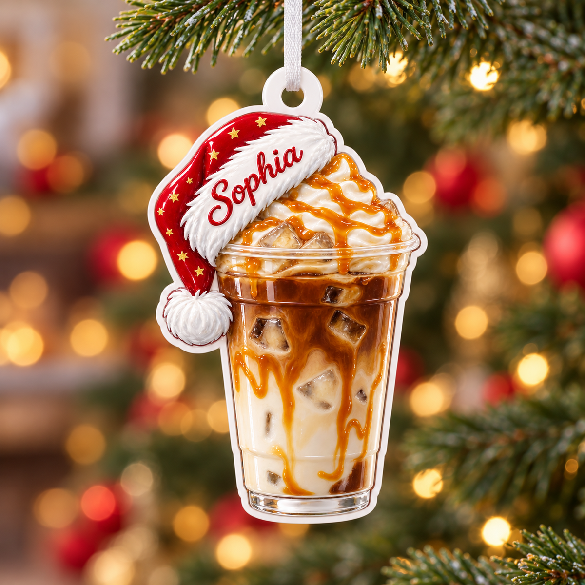 Iced Caramel Macchiato with Santa Hat Acrylic Hanging Holiday Keepsake - 3D Relief Ornament