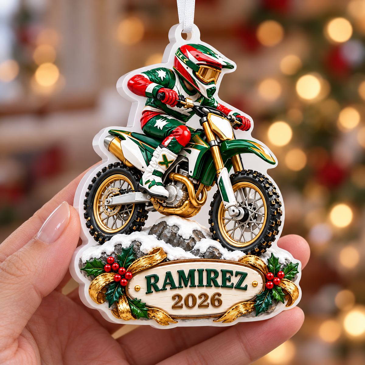 Motocross Dirt Bike Rider with Festive Banner and Holly - 3D Relief Ornament