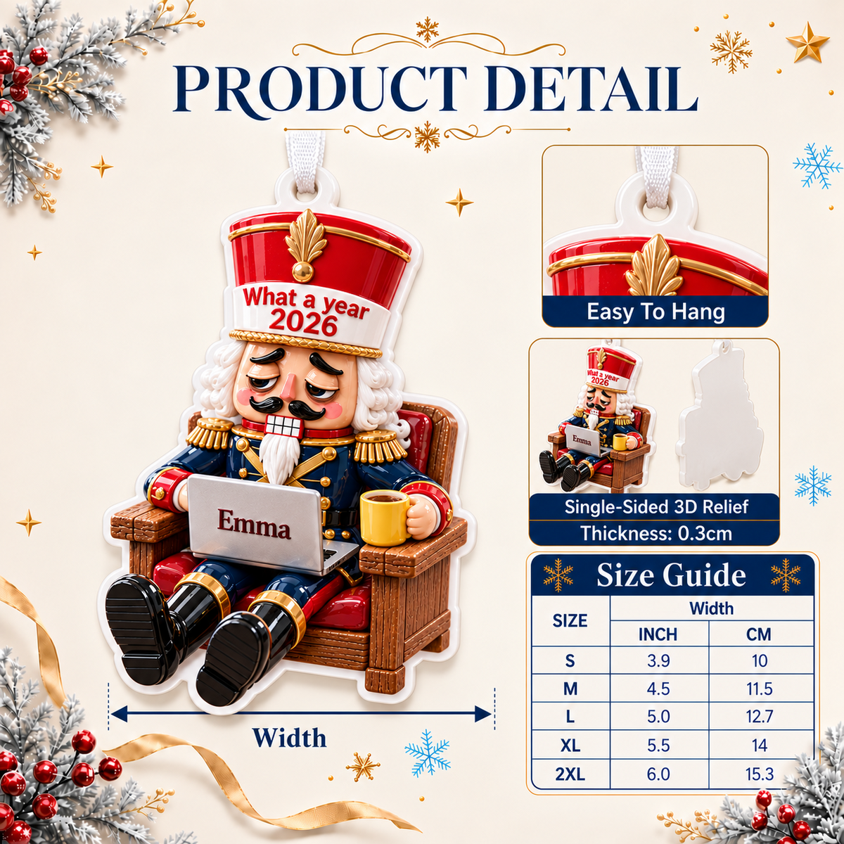 Tired Nutcracker Working from Home in Armchair Acrylic Christmas Tree Hanging Decor - 3D Relief Ornament