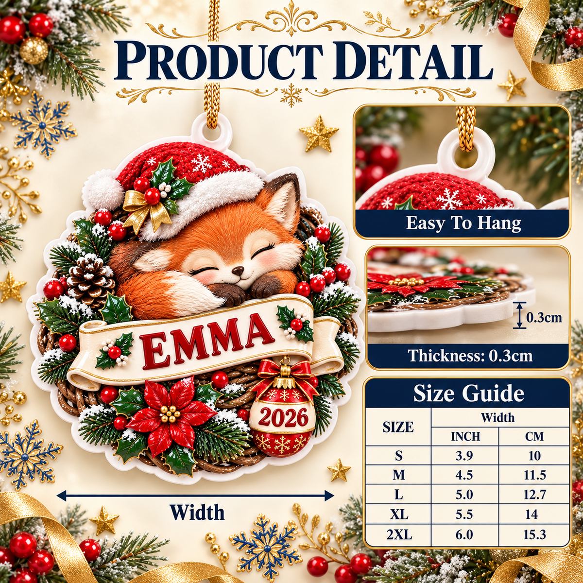 Sleeping Fox Wreath with Santa Hat Acrylic Christmas Keepsake - 3D Relief Ornament