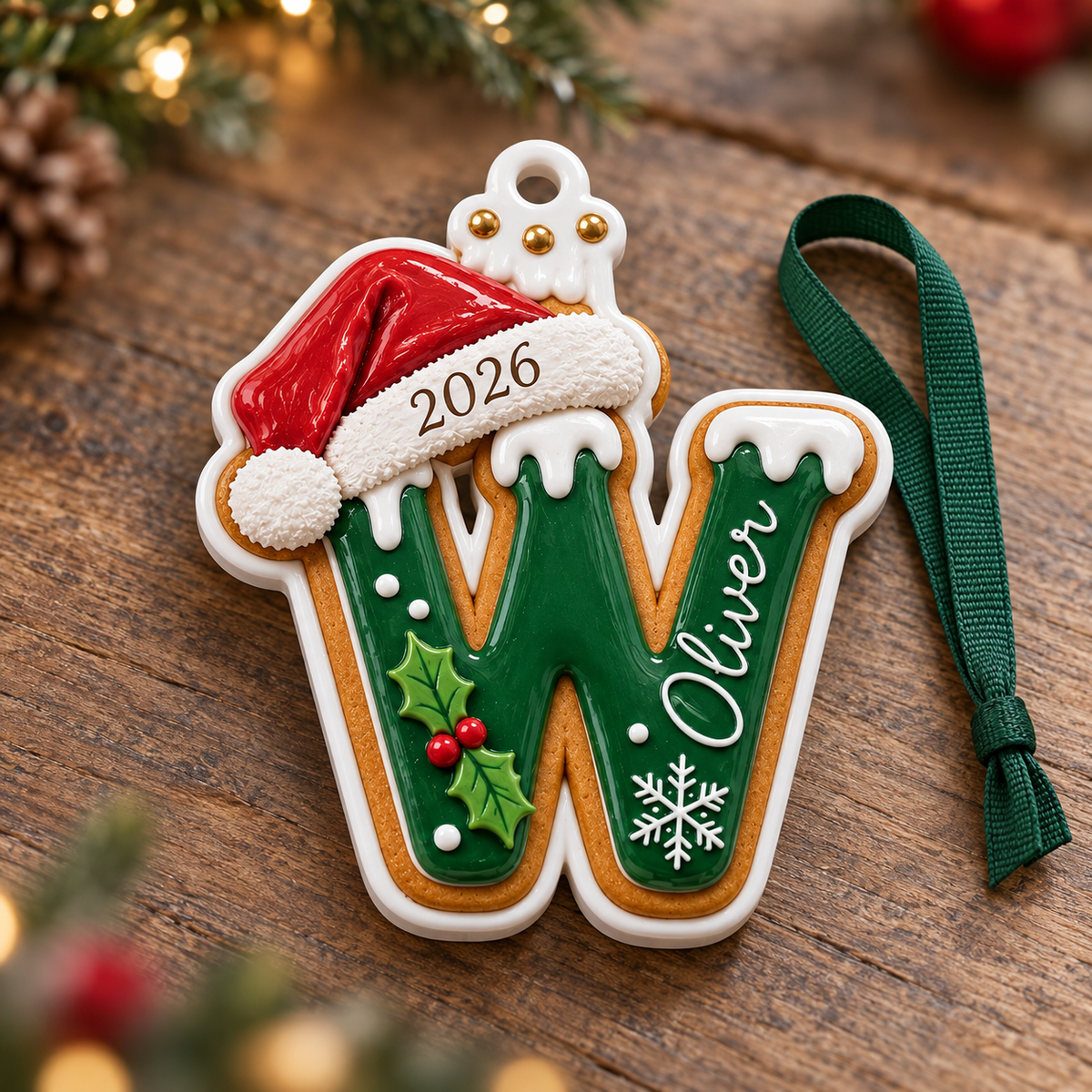 Gingerbread Cookie Letter Christmas Tree Hanging Decoration with Santa Hat - 3D Relief Ornament