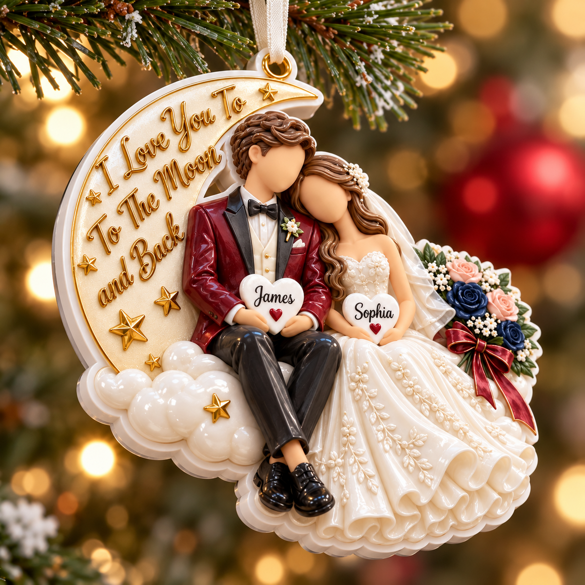 Wedding Couple on Crescent Moon Hanging Keepsake with Floral Bouquet - 3D Relief Ornament