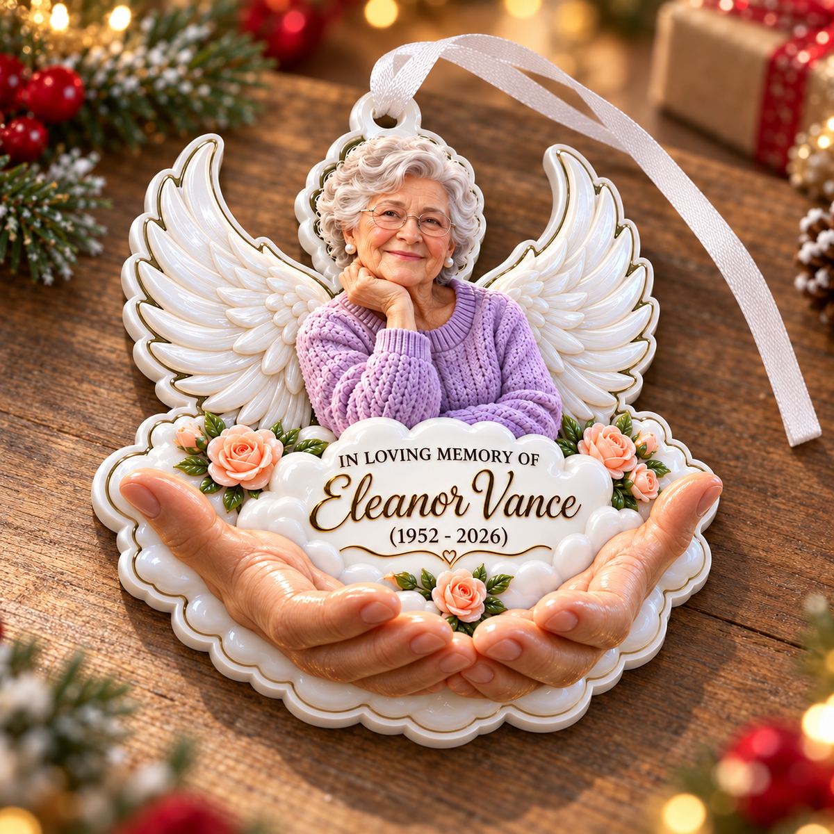 Memorial Angel Wings and Holding Hands Remembrance Keepsake - 3D Relief Ornament