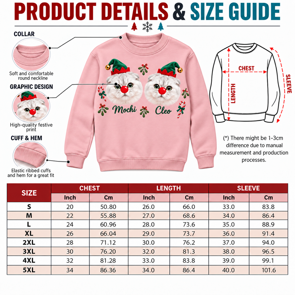 Christmas Cat Sweatshirt Holiday Graphic Red Nose Pet Crewneck
