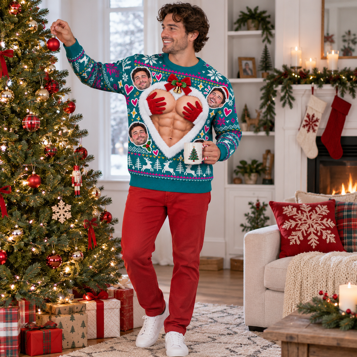 Funny Ugly Christmas Sweater Muscular Chest Heart Graphic Pullover