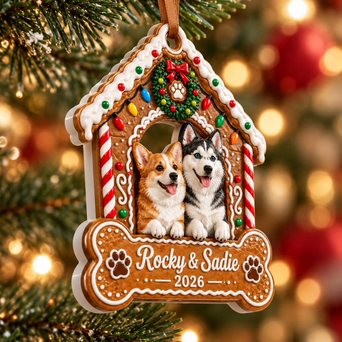 Gingerbread Doghouse Christmas Keepsake with Pet Figures and Bone Plaque - 3D Relief Ornament