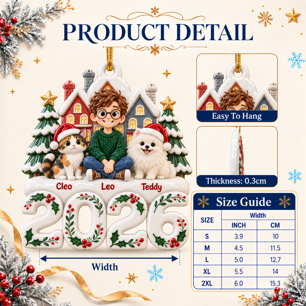 Dated 2026 Christmas Village Snowy Townhouse and Pine Tree Holiday Decor - 3D Relief Ornament