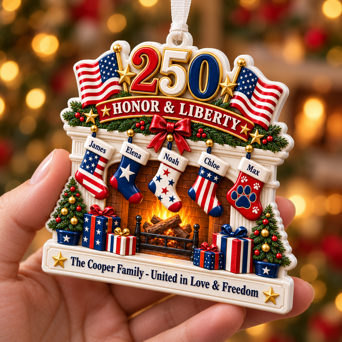 Patriotic Fireplace Christmas Tree Hanging Decor with American Flags - 3D Relief Ornament