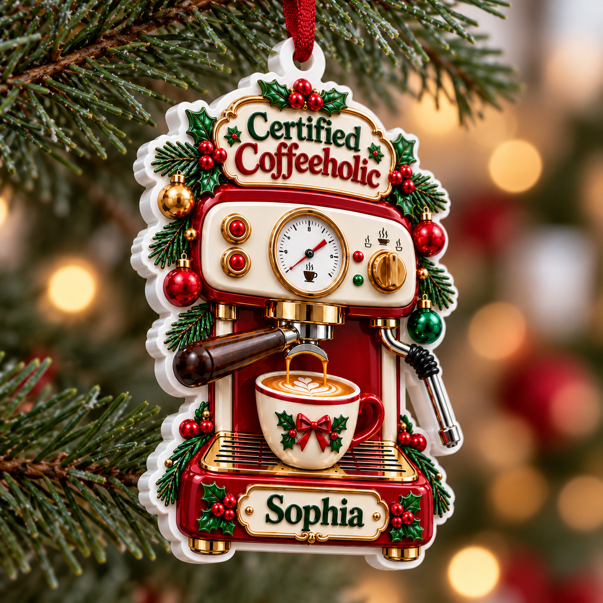 Espresso Machine Certified Coffeeholic Holiday Hanging Decor - 3D Relief Ornament