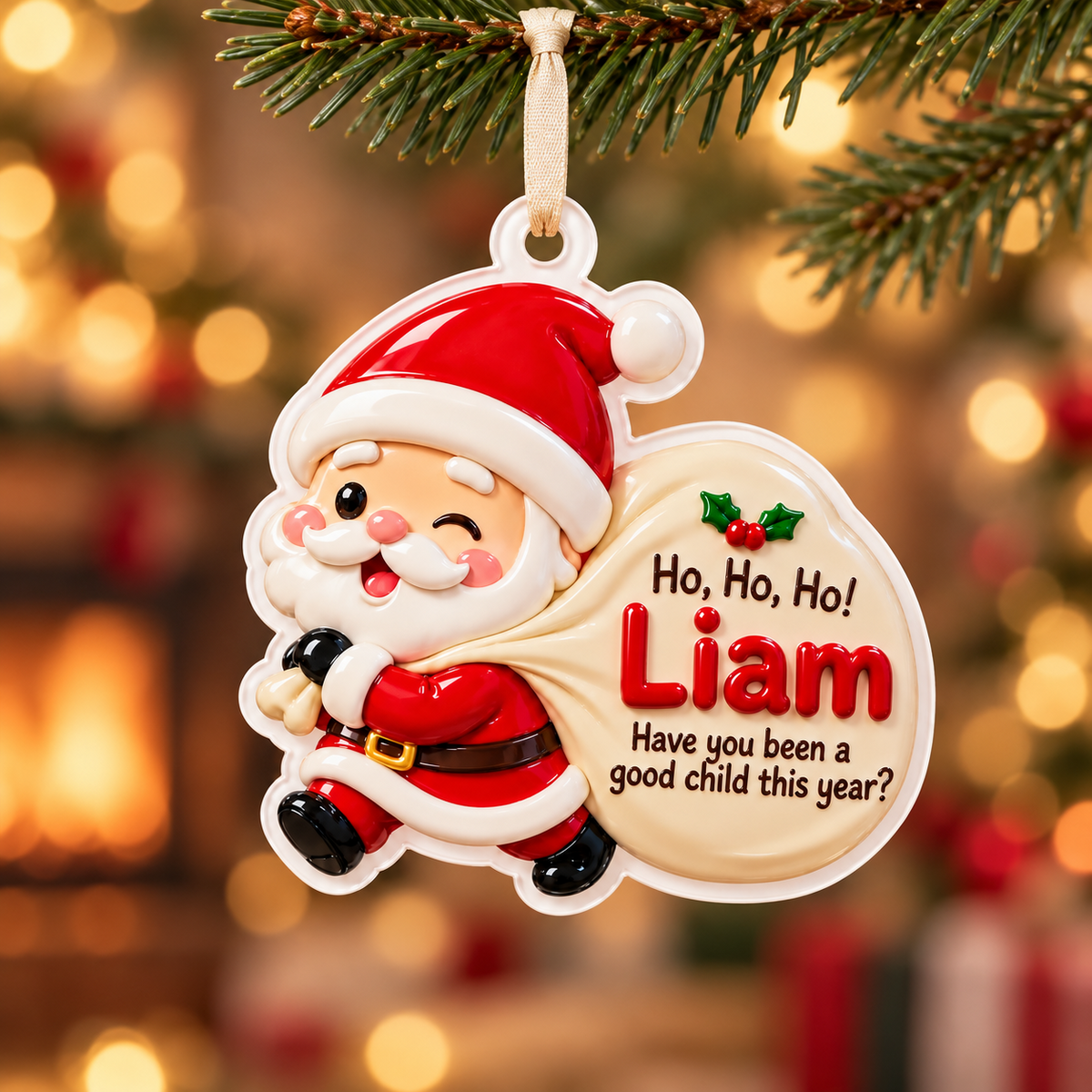 Santa Claus Silhouette White Acrylic Christmas Tree Holiday Hanging Decor - 3D Relief Ornament