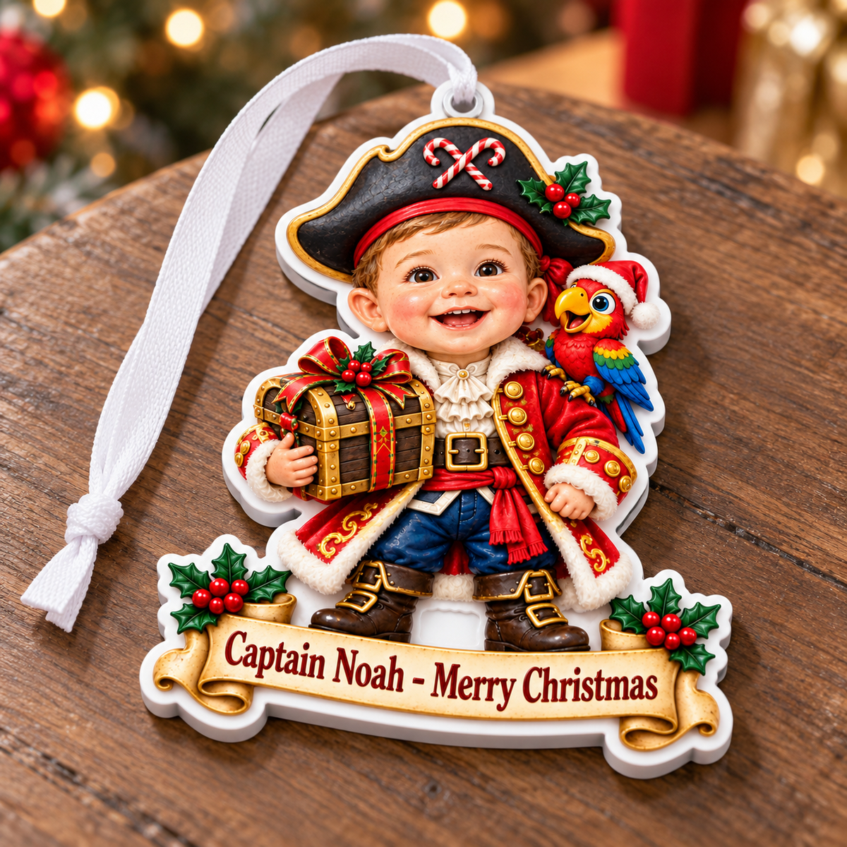 Little Pirate Boy with Parrot and Treasure Chest Acrylic Hanging Holiday - 3D Relief Ornament