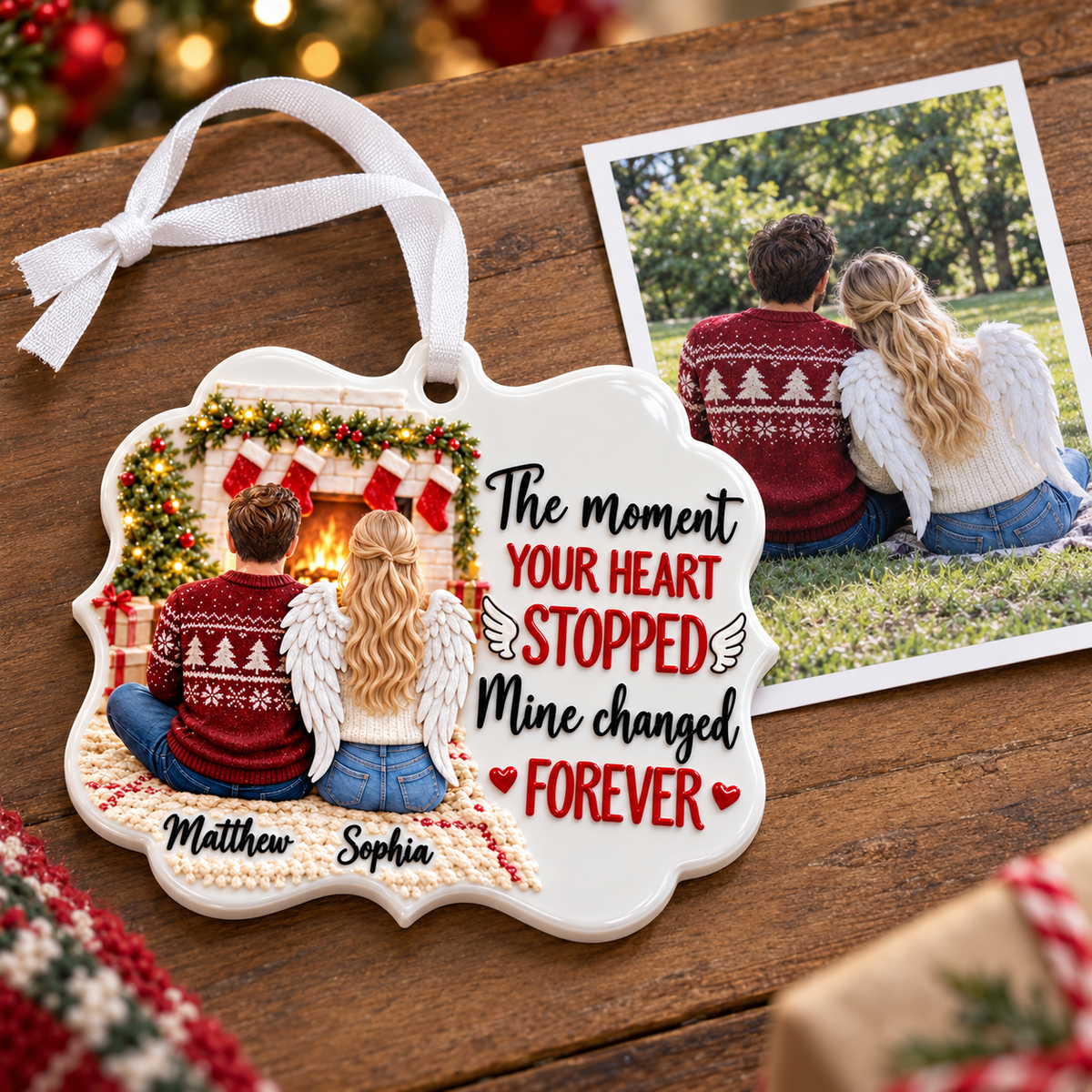 Couple Memorial Fireplace Scene with Angel Wings Bracket Shape Acrylic Hanging Keepsake - 3D Relief Ornament