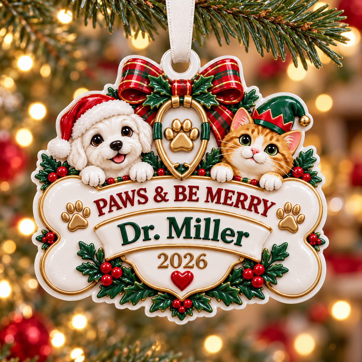 Veterinary Dog and Cat Bone Plaque Holiday Hanging Keepsake - 3D Relief Ornament