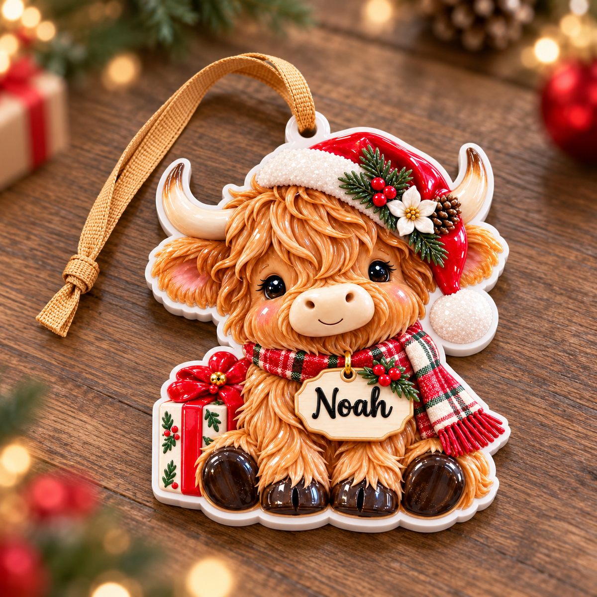 Baby Highland Cow with Santa Hat and Scarf Acrylic Christmas Tree Hanging Decor - 3D Relief Ornament