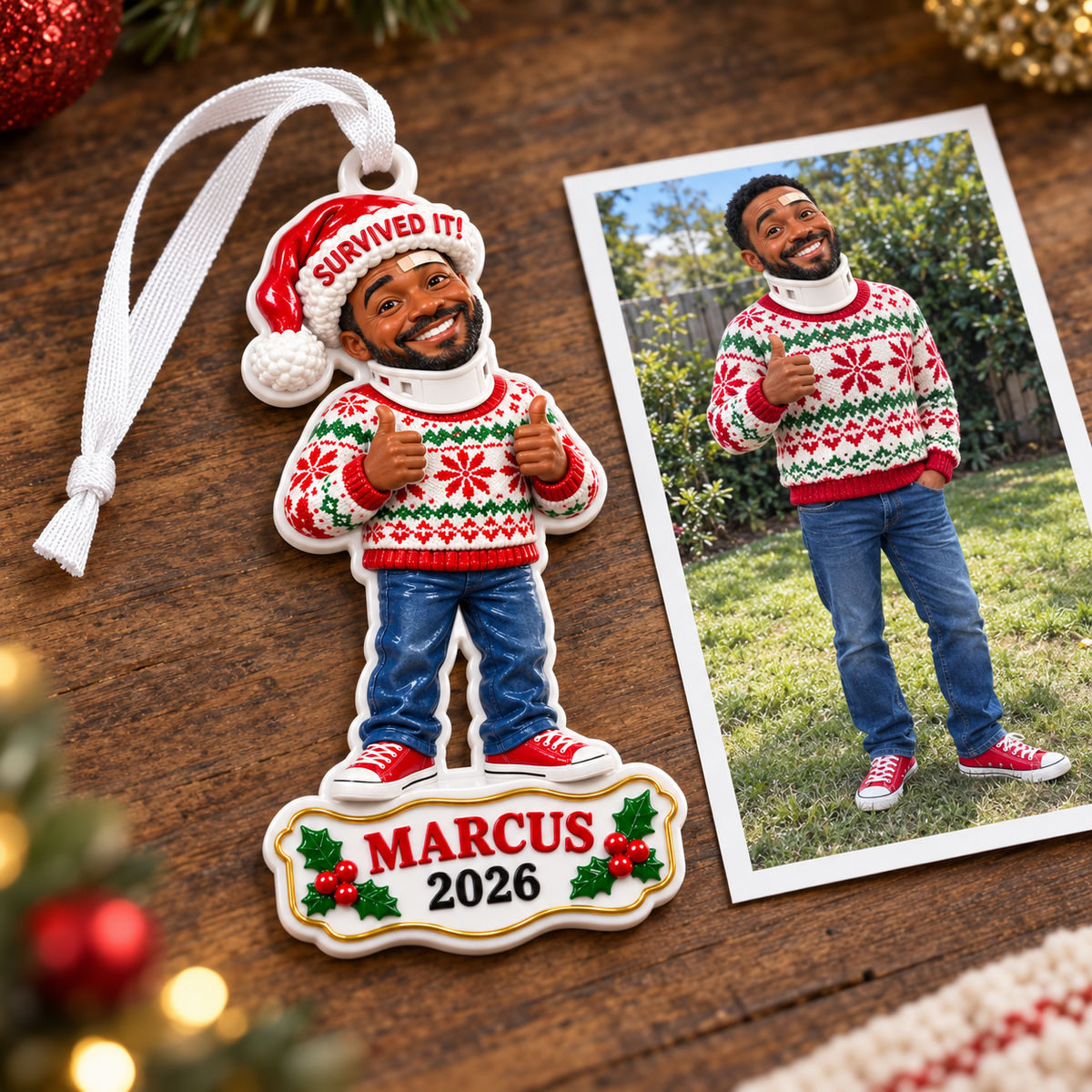 Survived It Injured Man in Ugly Sweater Christmas Tree Hanging Keepsake - 3D Relief Ornament