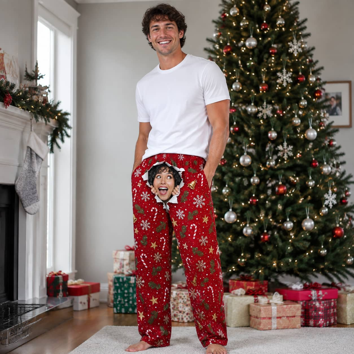 Men's Pajama Pants Green Christmas Holly Pattern Lounge Bottoms