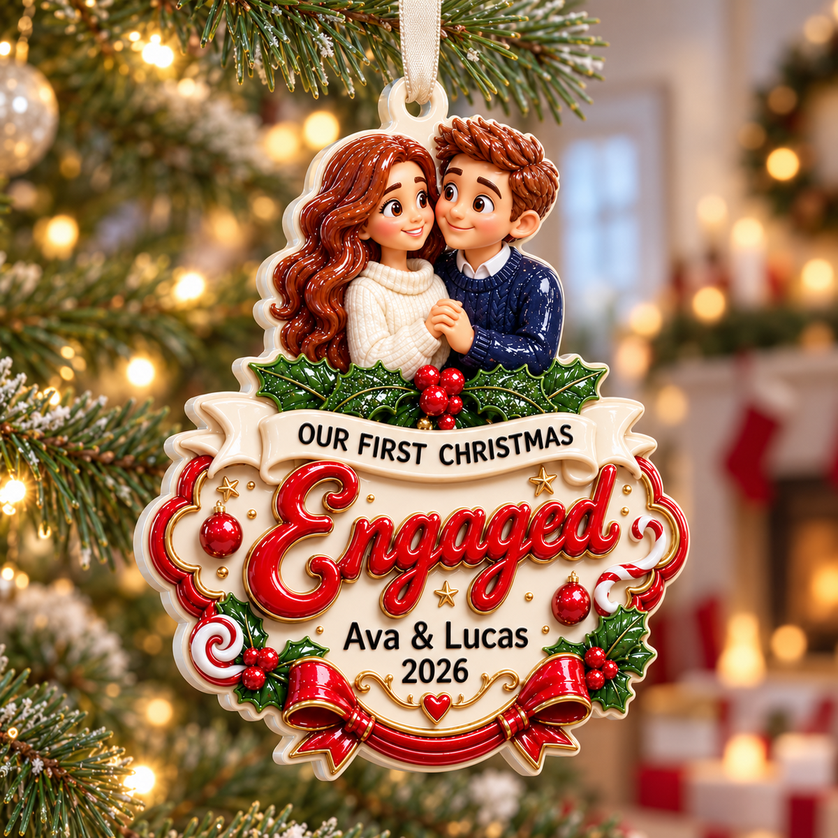 Our First Christmas Engaged Couple Portrait Holiday Keepsake - 3D Relief Ornament