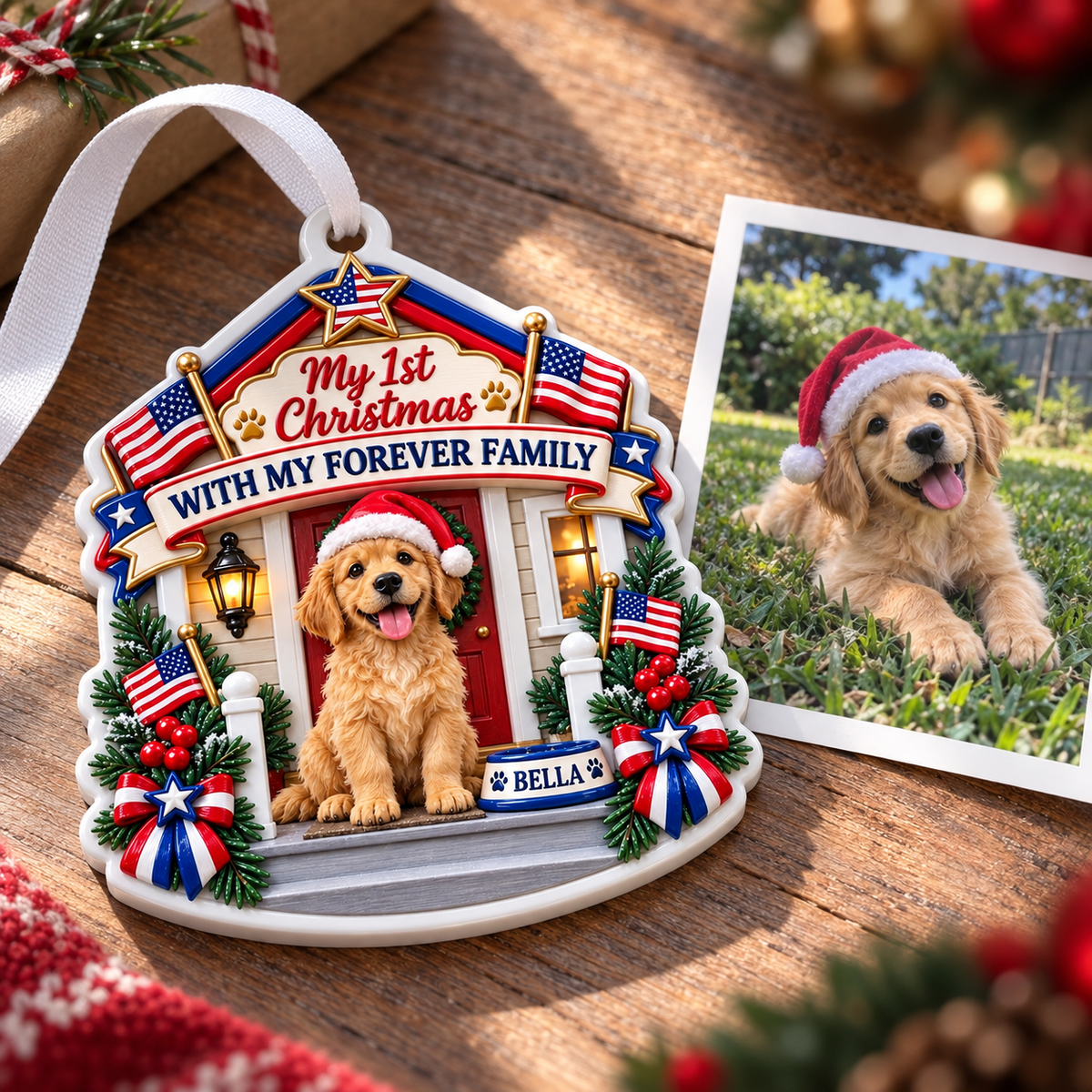Golden Retriever Puppy First Christmas Forever Family Patriotic Porch Holiday Tree Decor - 3D Relief Ornament