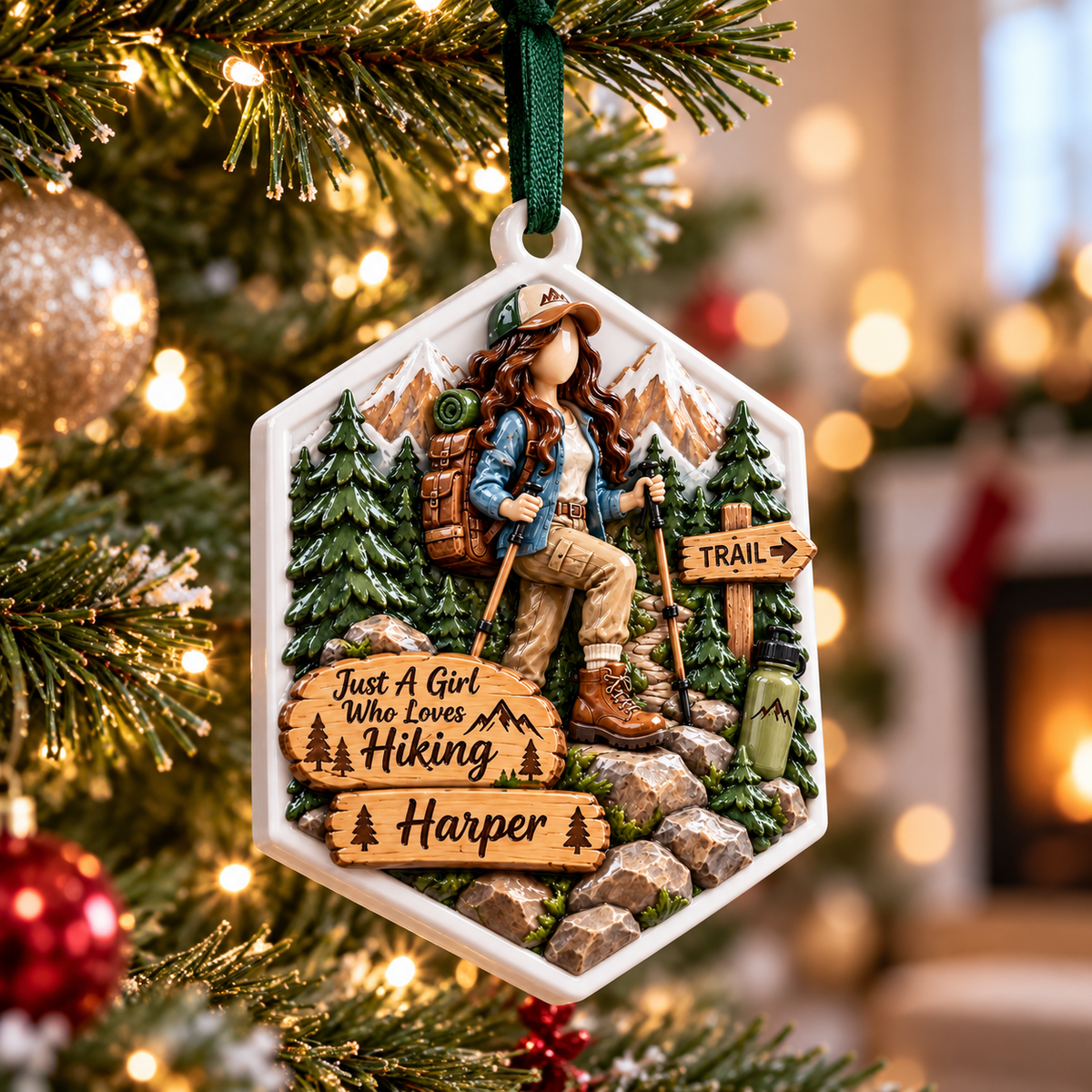 Hiking Girl Mountain Trail Hexagon Holiday Keepsake - 3D Relief Ornament