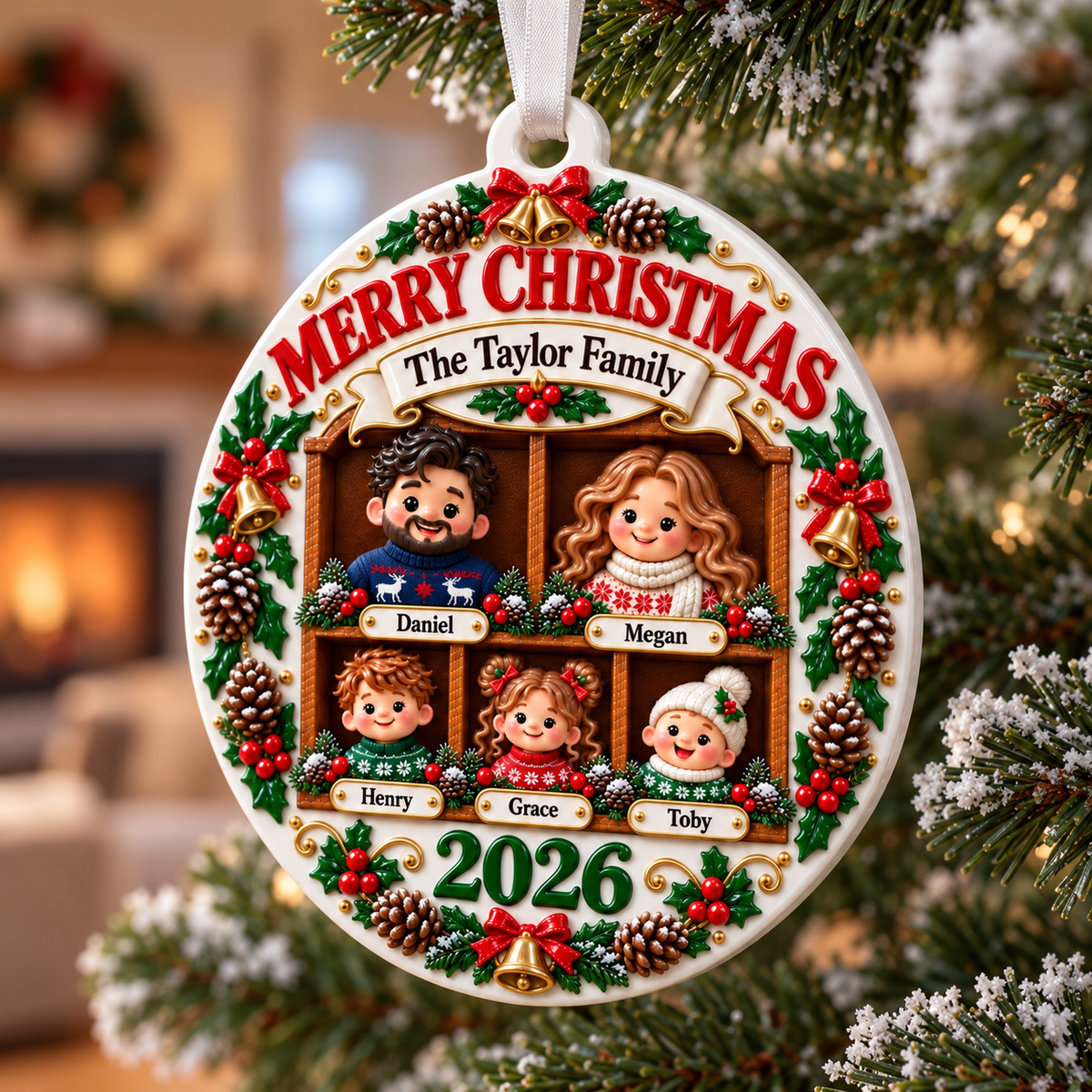Family of Five Holiday Keepsake Acrylic Medallion with Pinecones - 3D Relief Ornament
