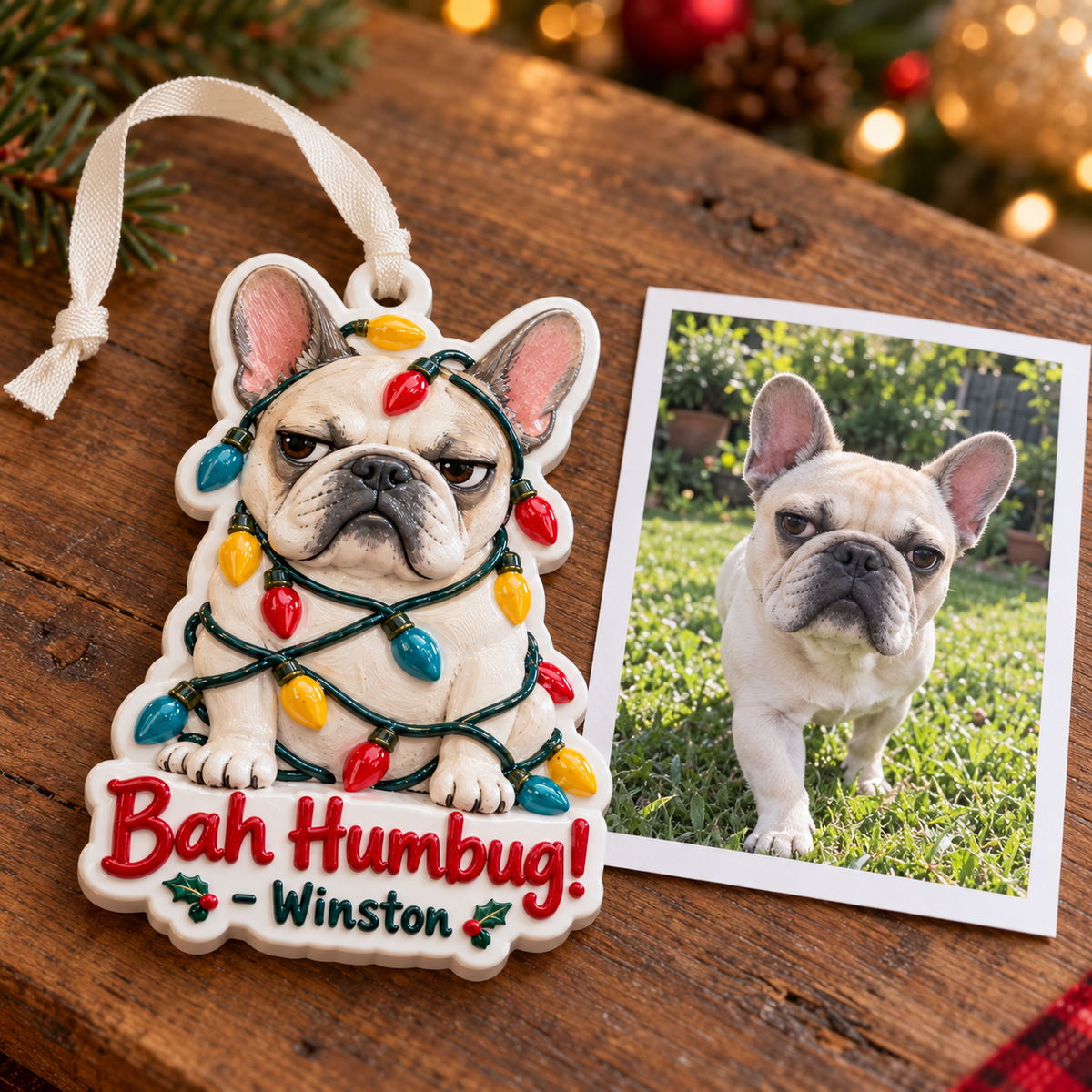 Grumpy French Bulldog Christmas Lights Bah Humbug Hanging Holiday Keepsake - 3D Relief Ornament