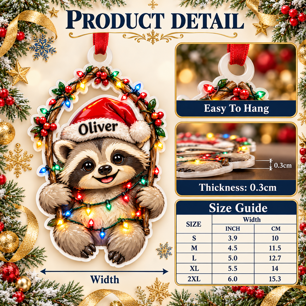 Baby Raccoon in Santa Hat with Christmas Lights Branch Wreath - 3D Relief Ornament