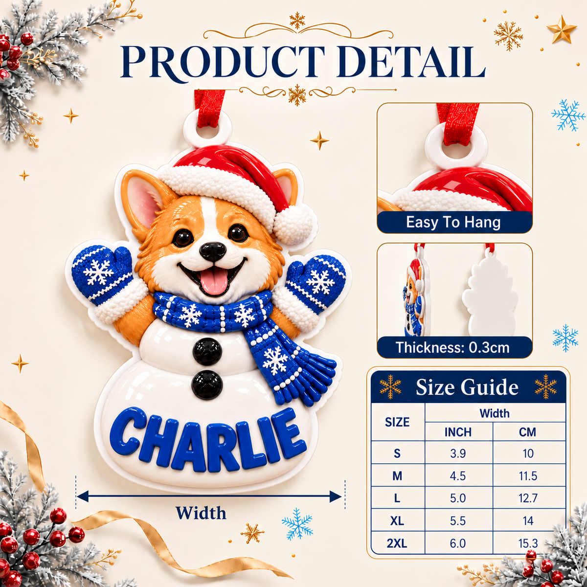 Corgi Dog Snowman with Blue Scarf and Santa Hat Acrylic Hanging Holiday Decor - 3D Relief Ornament