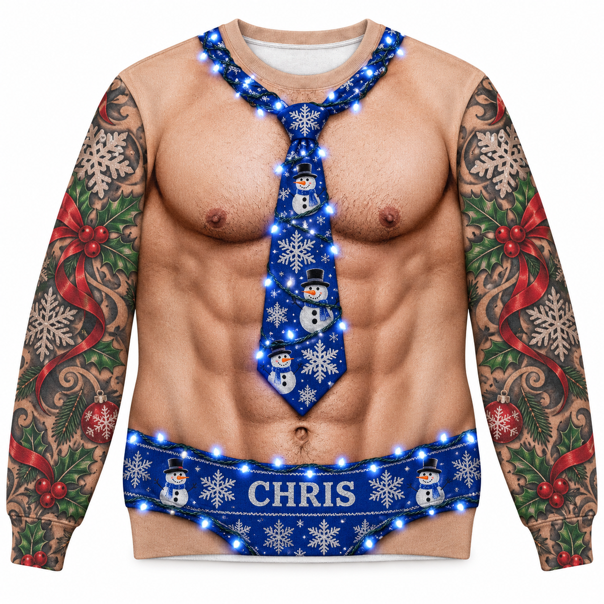 Funny Christmas Sweatshirt Faux Muscle Chest Holiday Tie Graphic