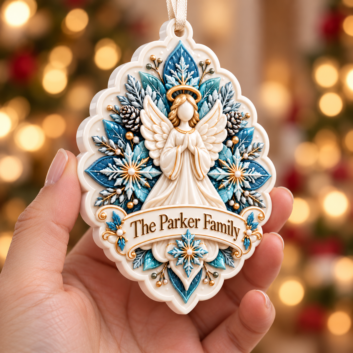 Praying Christmas Angel with Snowflake Medallion Frame - 3D Relief Ornament
