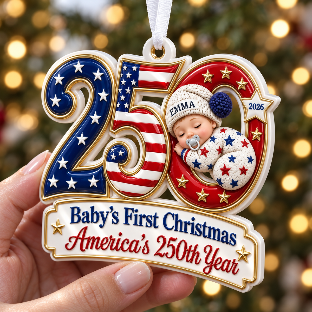 Baby's First Christmas America 250th Year 2026 Patriotic Holiday Keepsake - 3D Relief Ornament