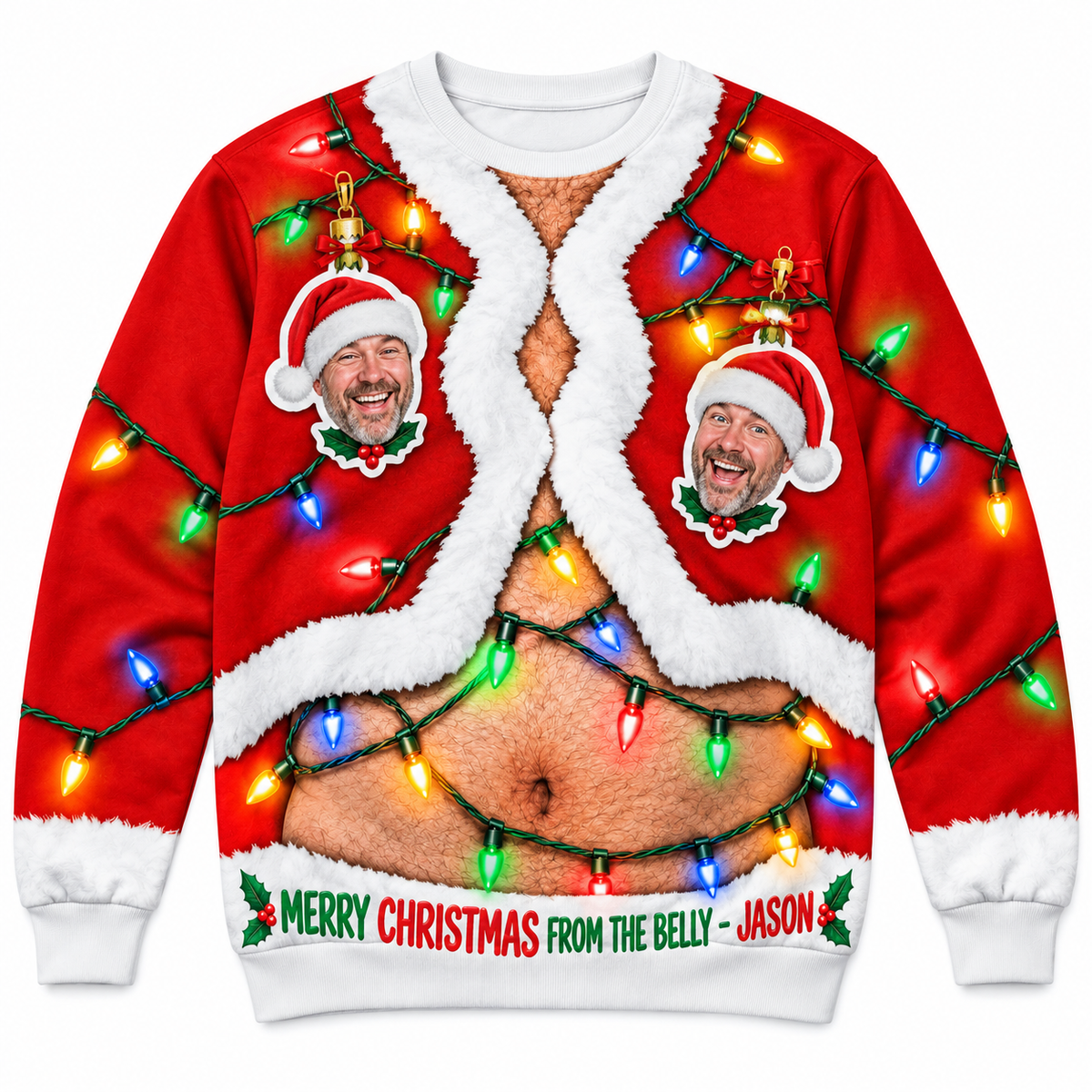 Ugly Christmas Sweatshirt Funny Hairy Belly String Lights Pullover