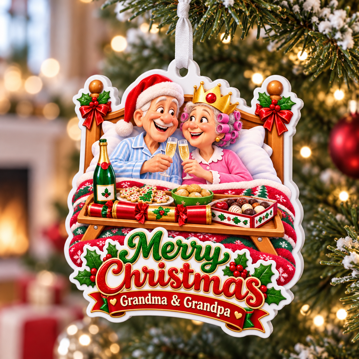Grandma And Grandpa Breakfast In Bed Merry Christmas Holiday Keepsake - 3D Relief Ornament