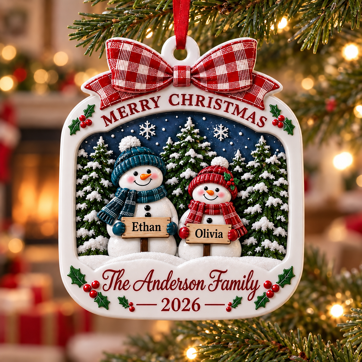 Snowman Family of 4 Christmas Tree Decoration with Red Plaid Bow - 3D Relief Ornament