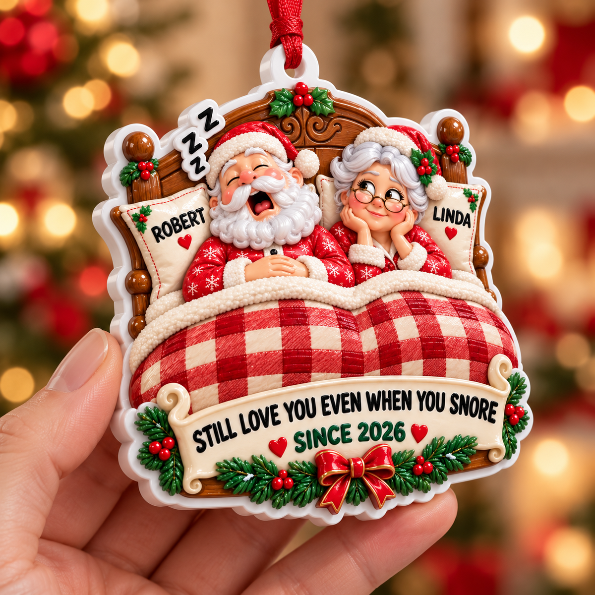 Sleeping Couple in Bed with Plaid Quilt Holiday Keepsake - 3D Relief Ornament