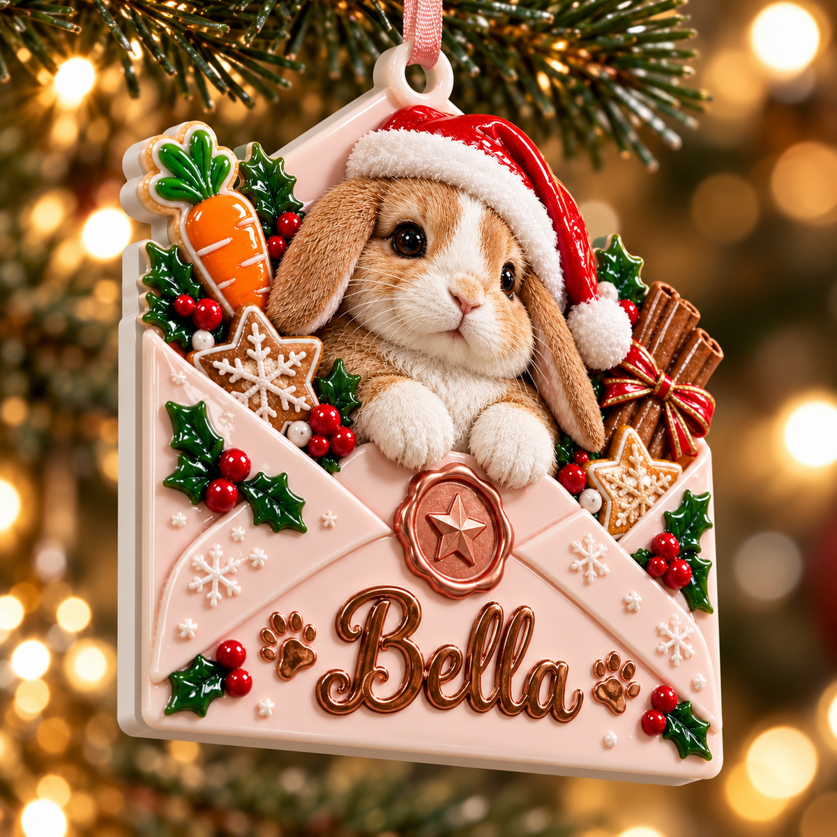 Baby Bunny in Pink Envelope Christmas Tree Pendant - 3D Relief Ornament