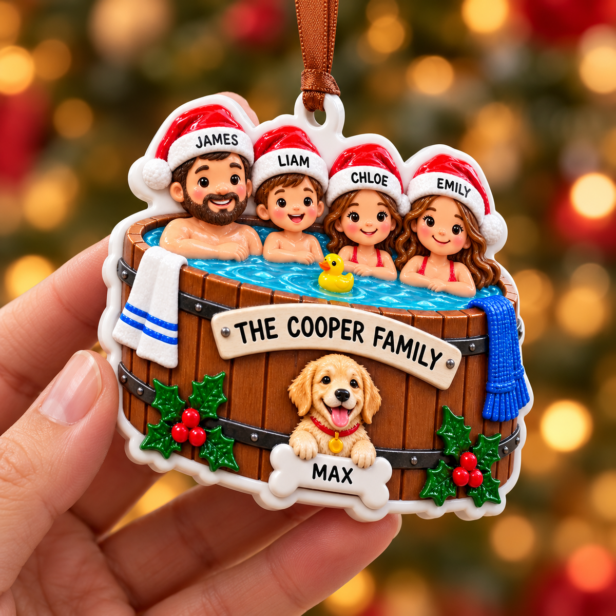 Family of 4 with Dog in Hot Tub Holiday Keepsake - 3D Relief Ornament