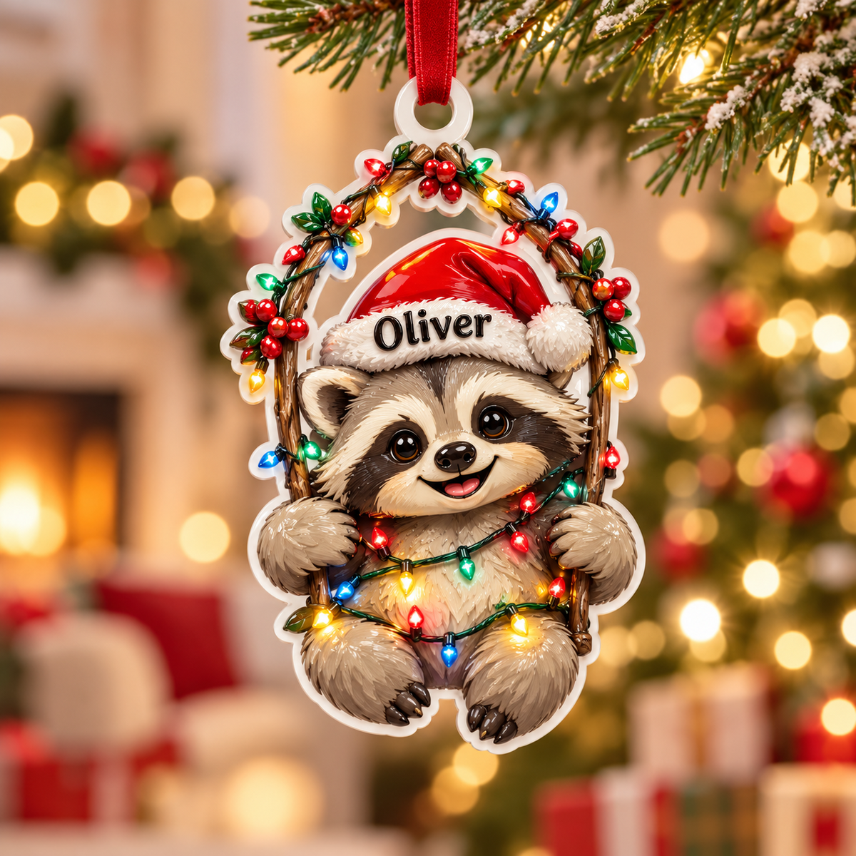 Baby Raccoon in Santa Hat with Christmas Lights Branch Wreath - 3D Relief Ornament