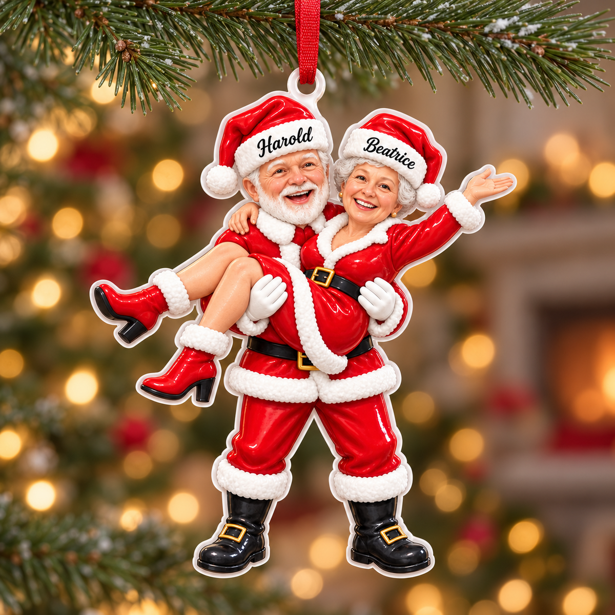 Santa and Mrs Claus Couple Holiday Tree Hanging Figurine in Red - 3D Relief Ornament