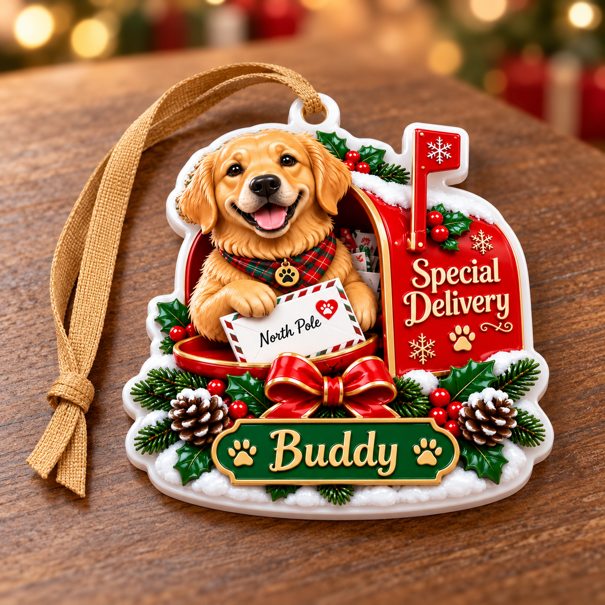 Golden Retriever Dog Christmas Mailbox Special Delivery - 3D Relief Ornament